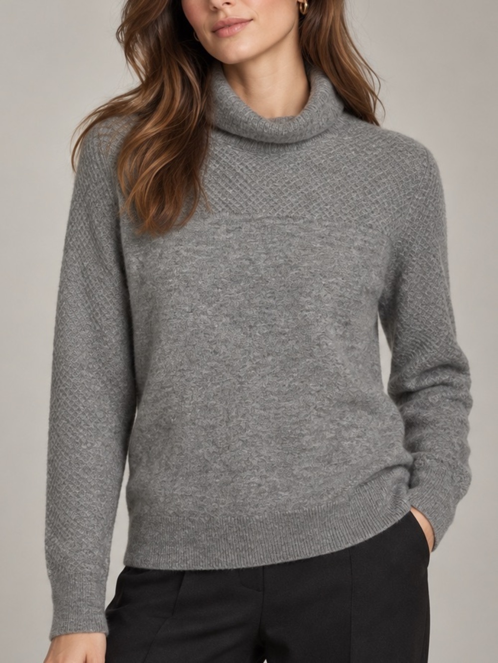 100% Cashmere Luxurious Grey Textured Turtleneck Sweater S